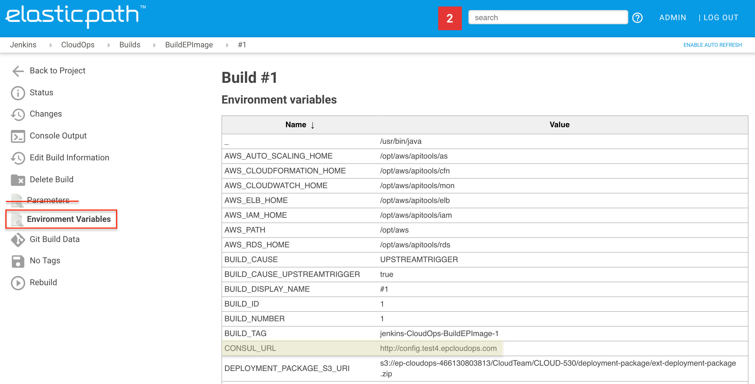 BuildEPImage job build #1, Environment Variables tab view.