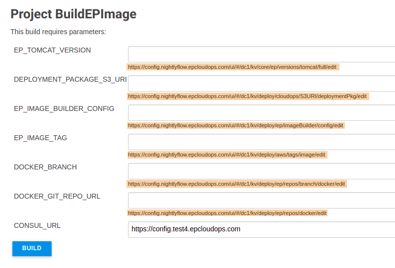 BuildEPImage job with Consul URLs highlighted.