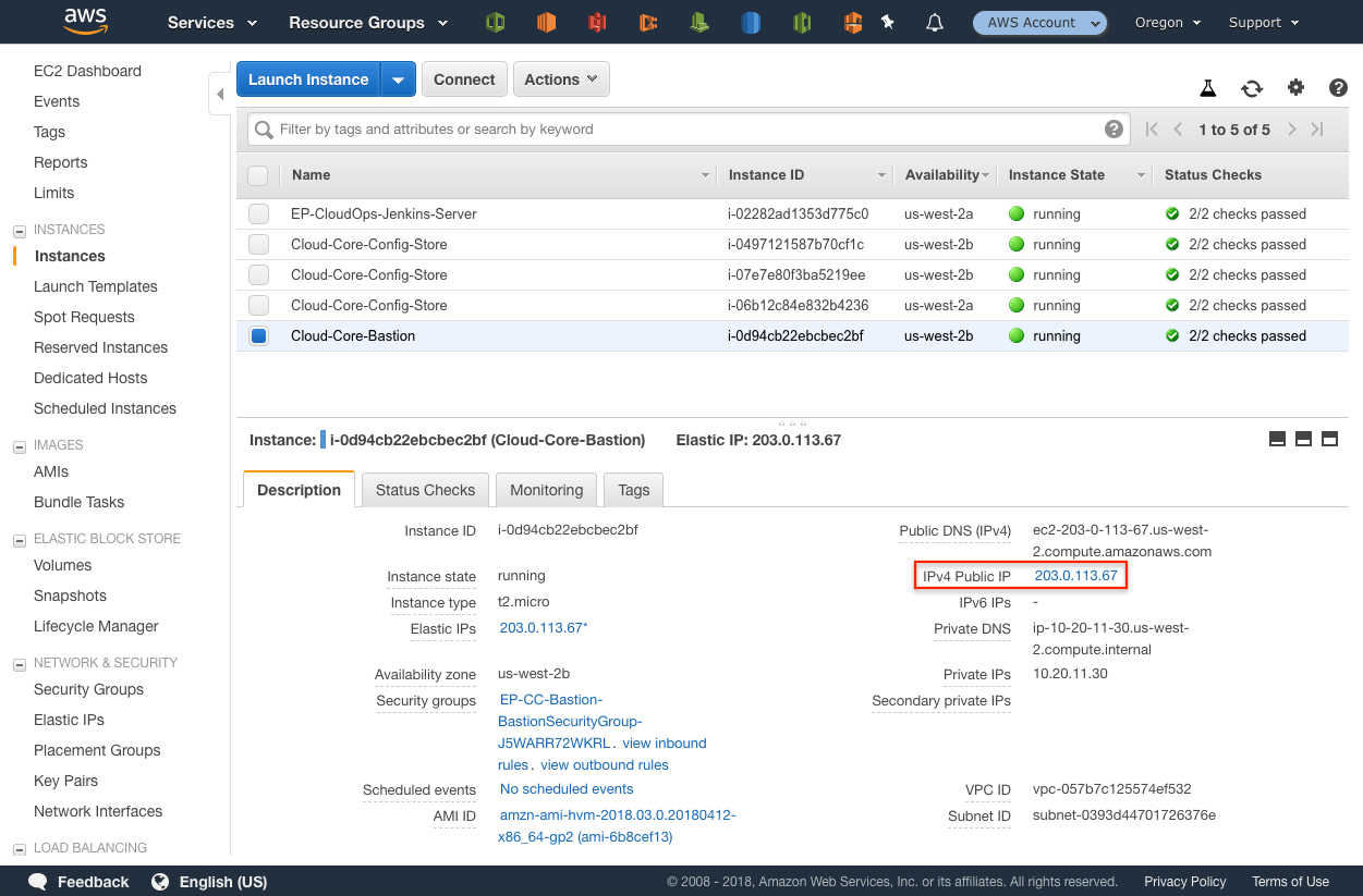 AWS EC2 Console with Bastion public IP highlighted.