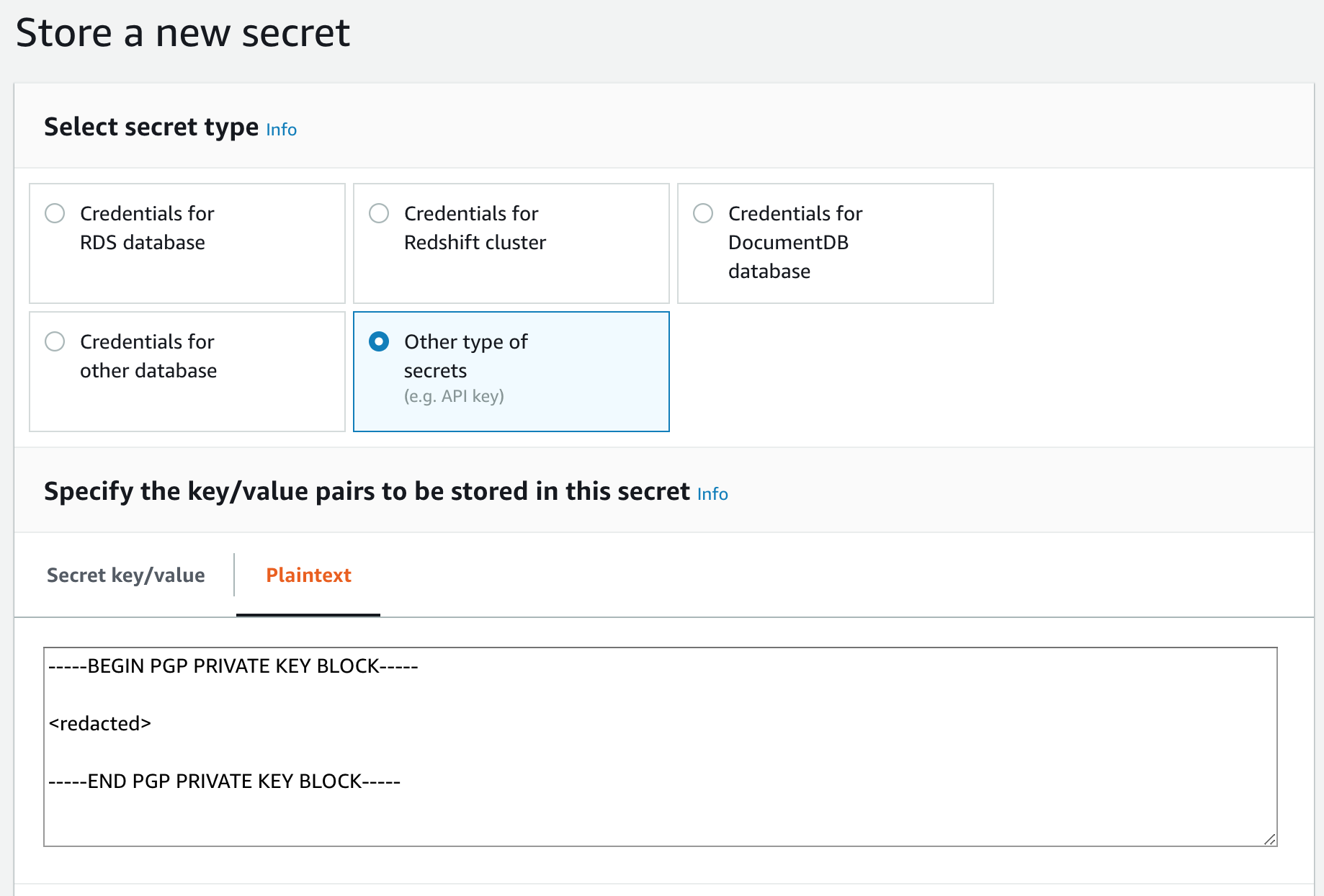 Screenshot of a GPG key in AWS Secrets Manager