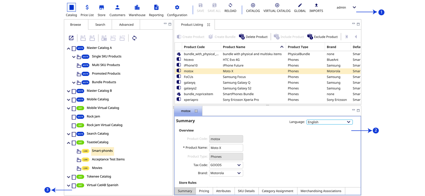 User Interface of Elastic Path Commerce Manager