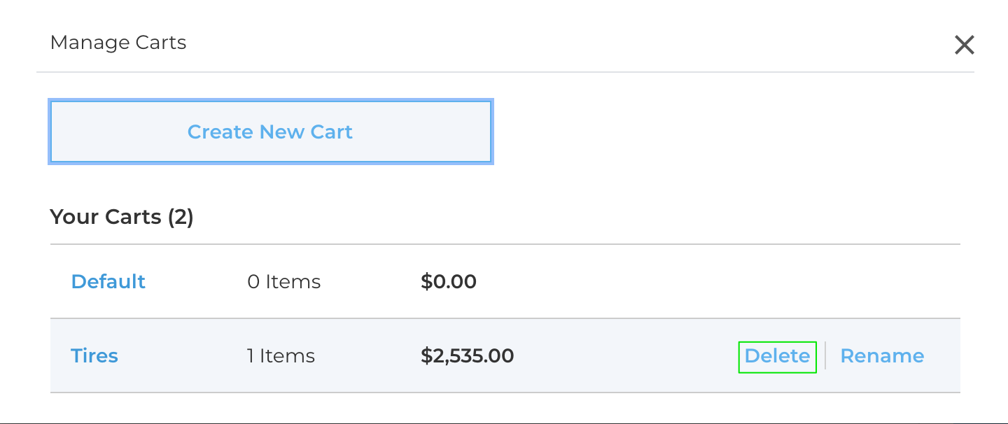Shows the carts and delete option.