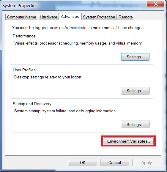 Environment Variables button in Windows System Properties window
