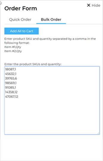 The Bulk Order form is a multiple line text box.