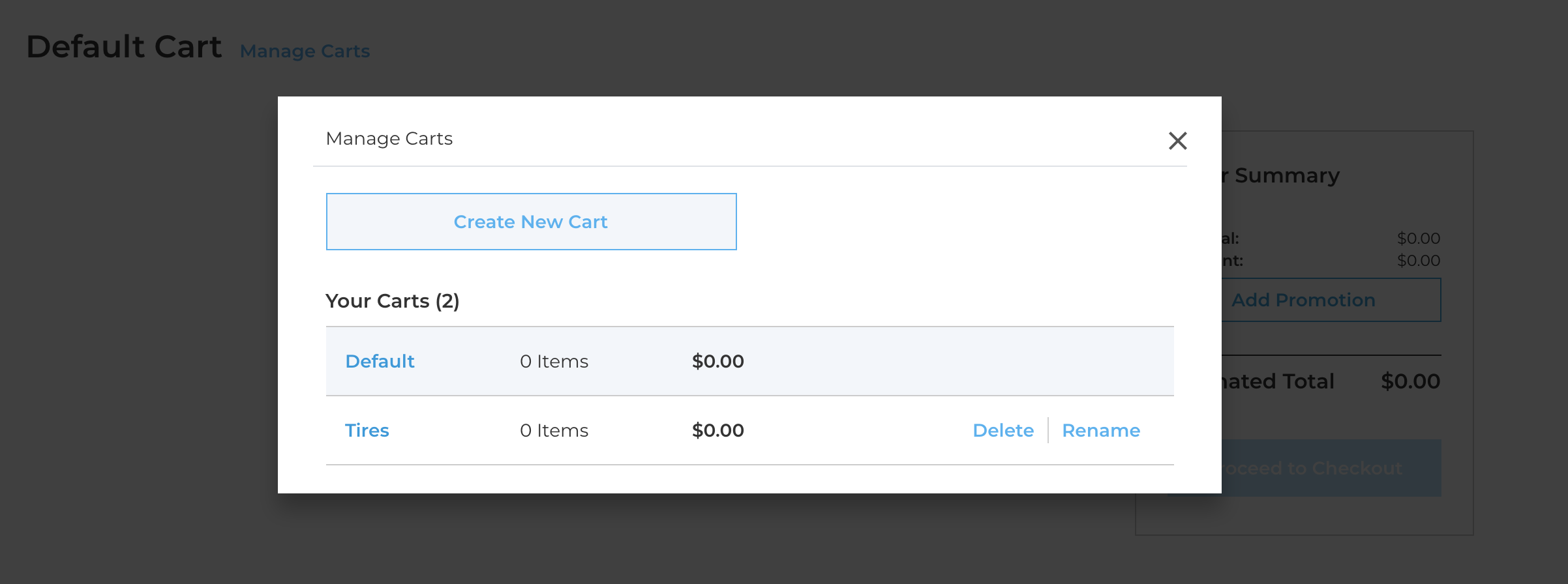Shows manage cart page