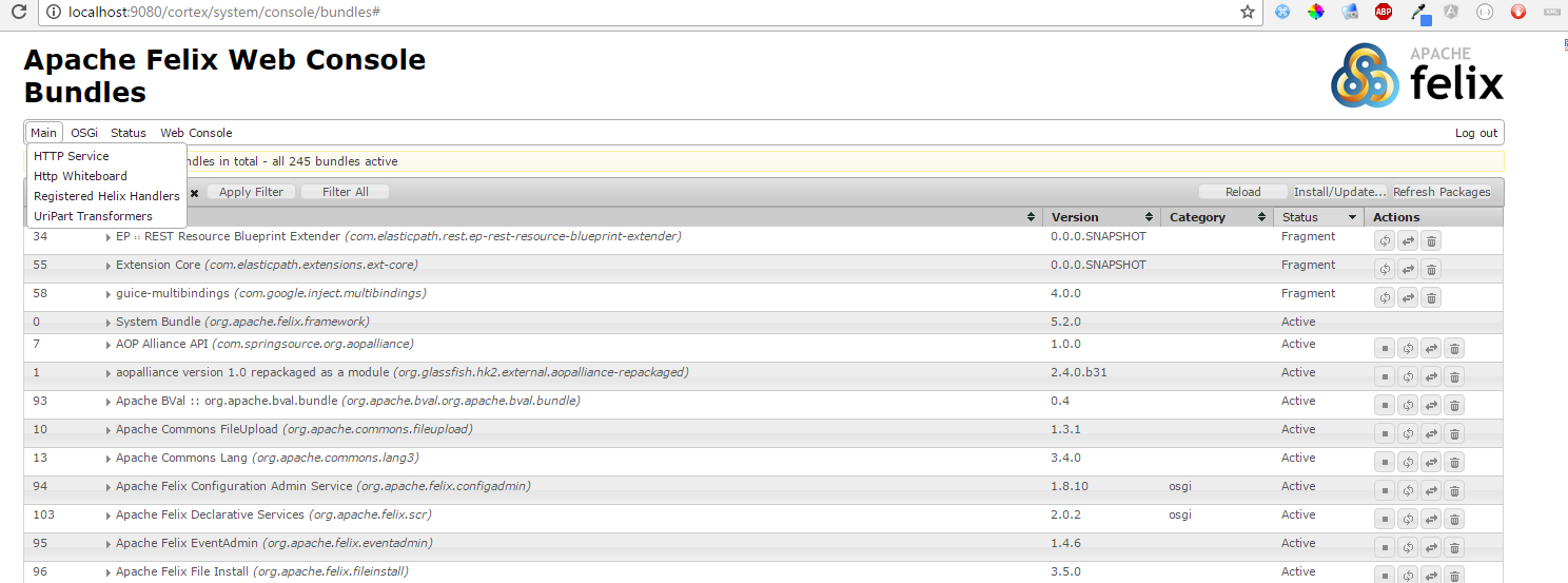Bundles in Apache Felix Web Console
