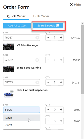 The barcode scanner is shown on the Quick Order tab in the Order Form.