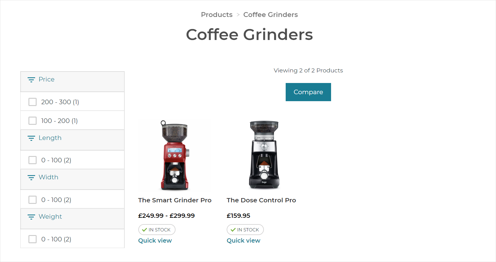 Shows the results of selecting Products and then Coffee Grinders