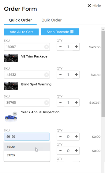 The Quick Order form has 10 rows. A row has an item number field and quantity field. 